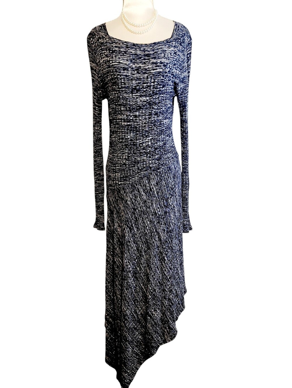 BCBGMaxAzria Black and White Marled Long Sleeve Drapey Asymmetrical Knit Dress